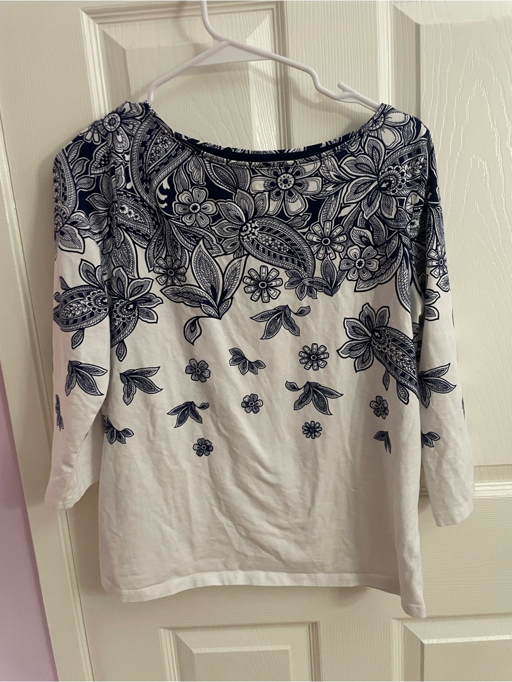 Talbots White Long Sleeve Top with Navy Floral Border Print